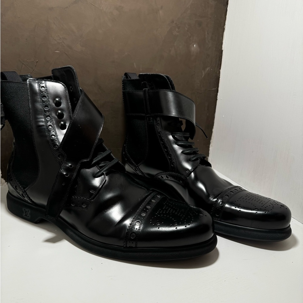 Louis Vuitton Black Leather Brogue Combat Boots